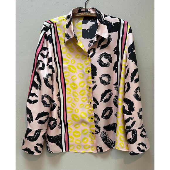 Luisa Cerano 100% Silk Blouse Yellow Pink Stripe Black Lip Design Sz 14 Mob Wife - Picture 11 of 11